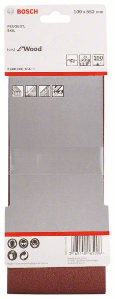 Emballage de papier de verre Bosch, format 100 x 552 mm, adapté pour le bois. Contient des icônes avec des instructions d'utilisation et un code-barres.