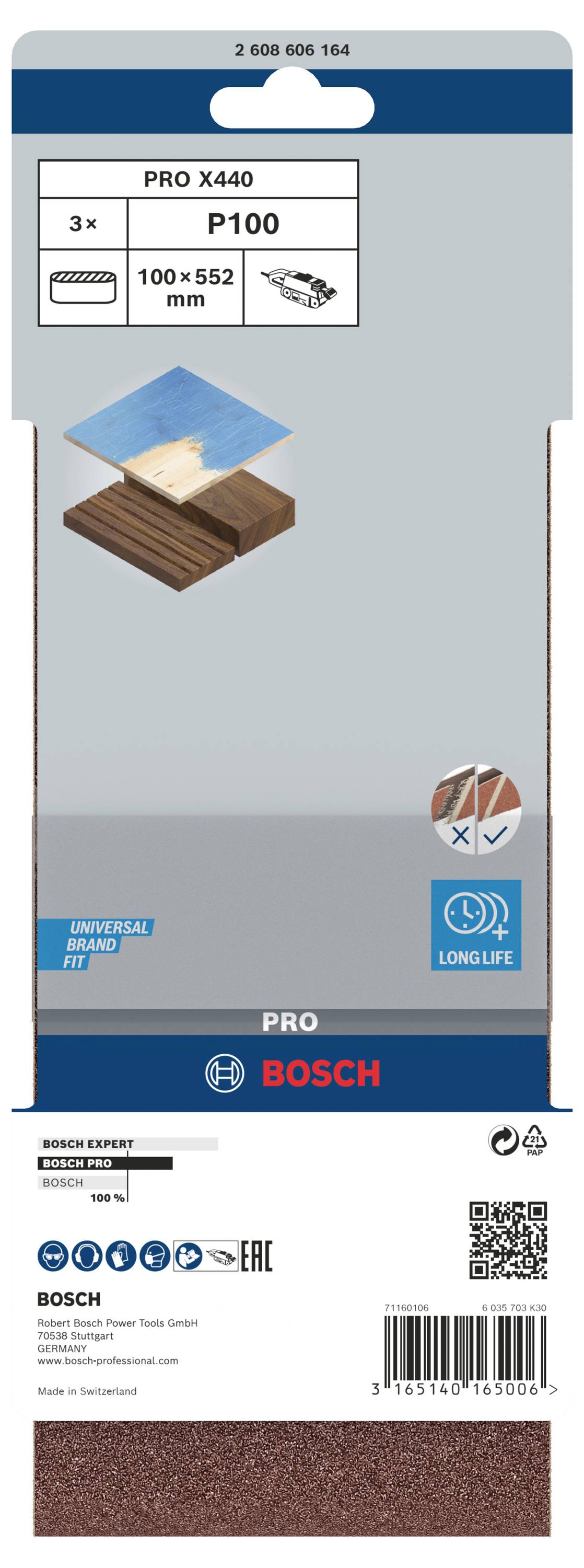 Lot de papier abrasif 'Bosch Pro X440', grain P100, 100 x 552 mm, 3 pièces. Adapté pour les travaux sur bois, emballé dans un conditionnement bleu.