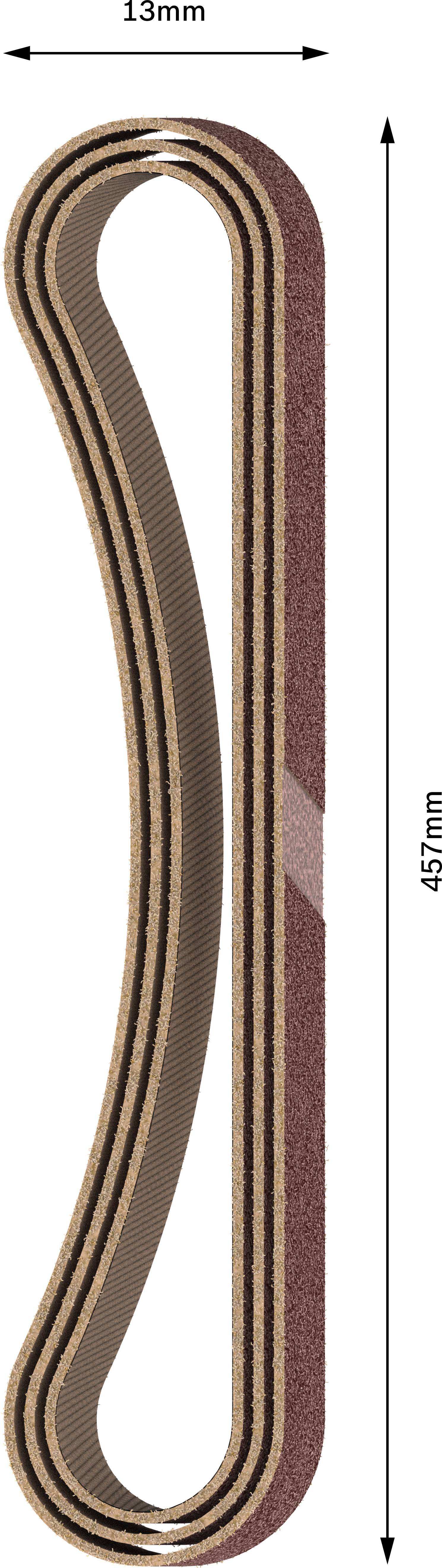 Représentation d'un objet long, courbé, en forme de bande d'une longueur de 457 mm et d'une largeur de 13 mm.