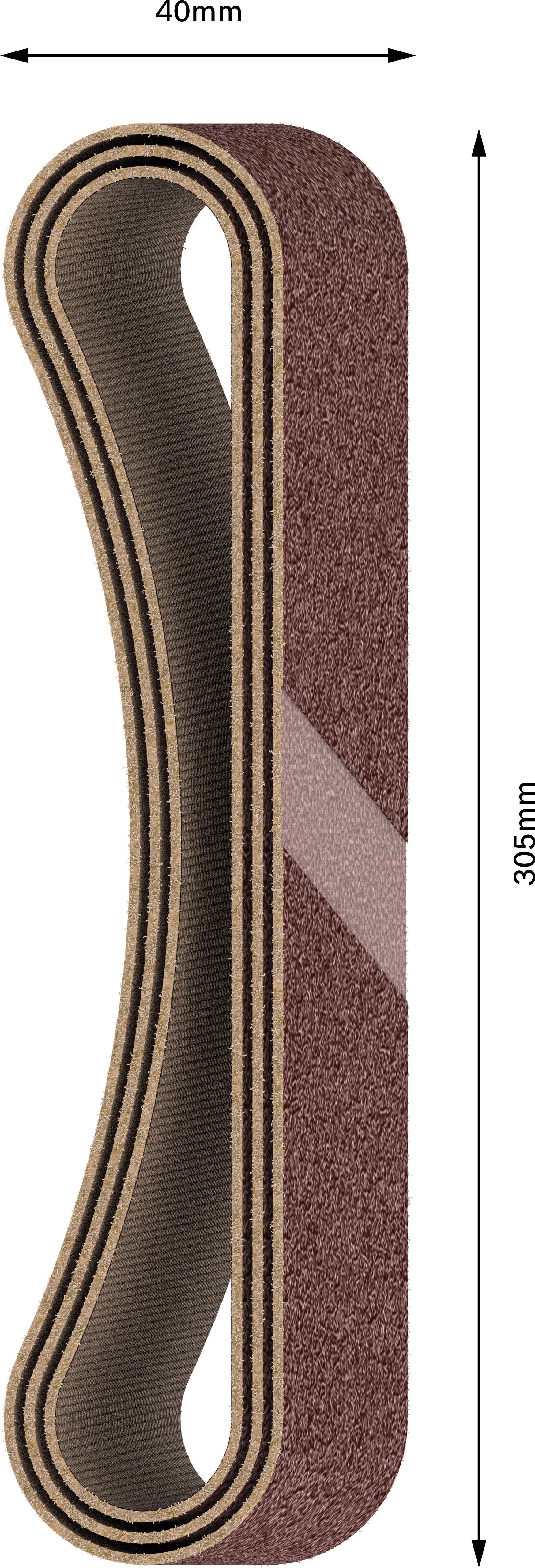Illustration d'une bande abrasive de 40 mm de largeur et 3035 mm de longueur. La surface abrasive est brune.