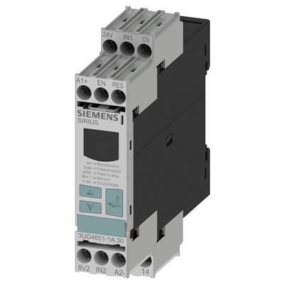 Relais temporisé SIRIUS de Siemens avec plusieurs connexions et possibilités de réglage. Marquage frontal : Vitesse de rotation, Point de jonction, Principe de fonctionnement.