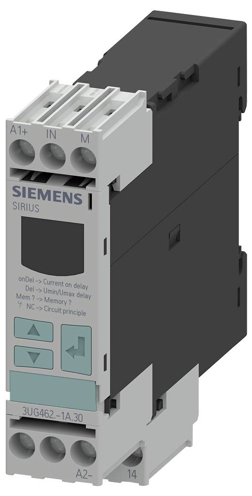 Un relais temporisé Siemens SIRIUS pour la commande de circuits électriques, avec bornes de raccordement et détails de fonctionnement imprimés.