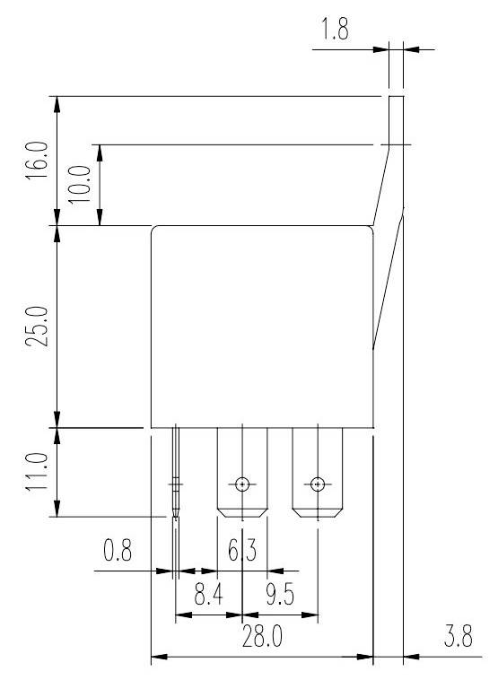Dessin technique d'un composant électrique avec dimensions en millimètres : hauteur 25, largeur 28, profondeur 3,8. Différentes dimensions de détail indiquées.