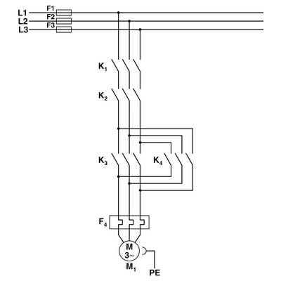 Schéma de circuit de commande de moteur triphasé montrant les fusibles (F1-F3), contacteurs (K1-K4), moteur (M) et connexions de terre de protection (PE).