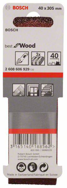 Bandes abrasives 'Bosch' pour bois, taille 40 x 305 mm, 3 pièces par paquet, code produit 2 608 606 929, fabriqués en Suisse.