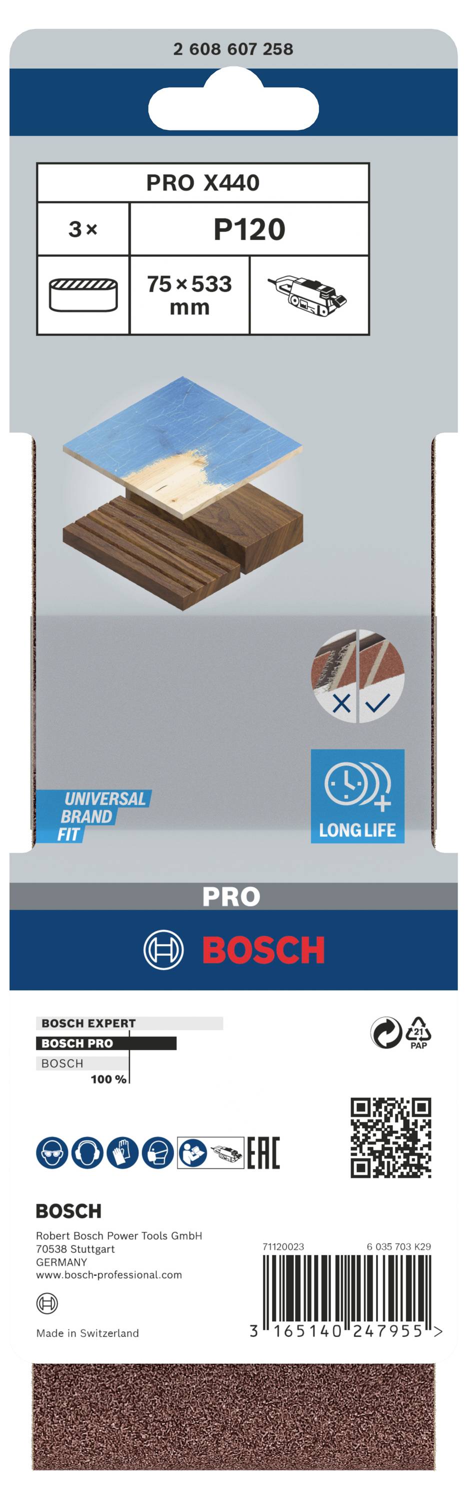 Bande abrasive Bosch P120, 3 pièces, 75 x 533 mm. Convient pour le bois et le métal, durable.