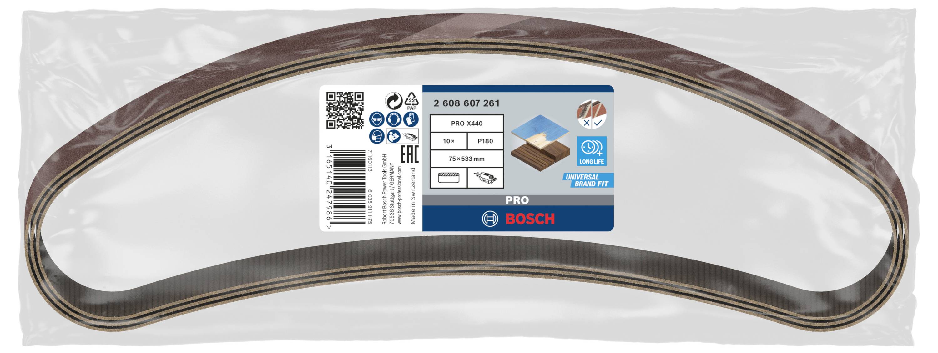 Emballage avec bandes abrasives Bosch, numéro de produit visible. Contient des informations sur le grain et les dimensions.