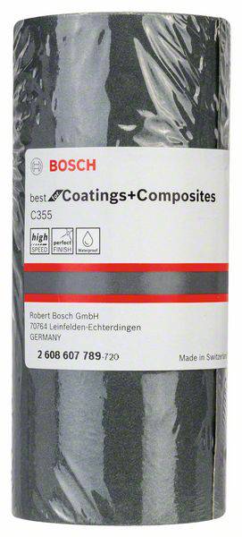 Emballage d'un rouleau de ponçage Bosch, modèle 'best C355' pour revêtements et matériaux composites, 115 mm x 50 m, fabriqué en Suisse.