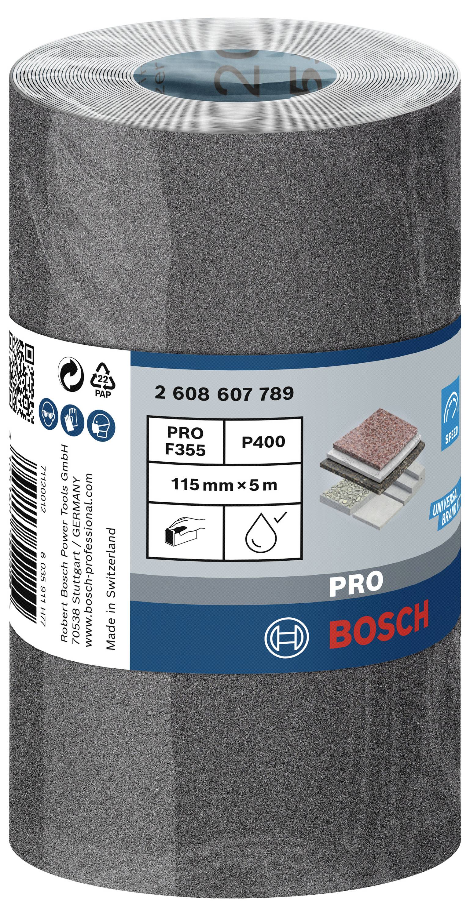 Rouleau abrasif Bosch Pro, 115 mm x 5 m, grain P400, adapté pour bois, peinture, métal. L'emballage présente le logo de la marque et les spécifications.