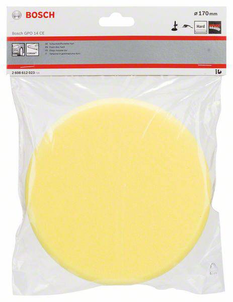 Un tampon de polissage rond et jaune dans un emballage transparent. Le logo Bosch est situé en haut à gauche, avec les informations du produit en dessous.