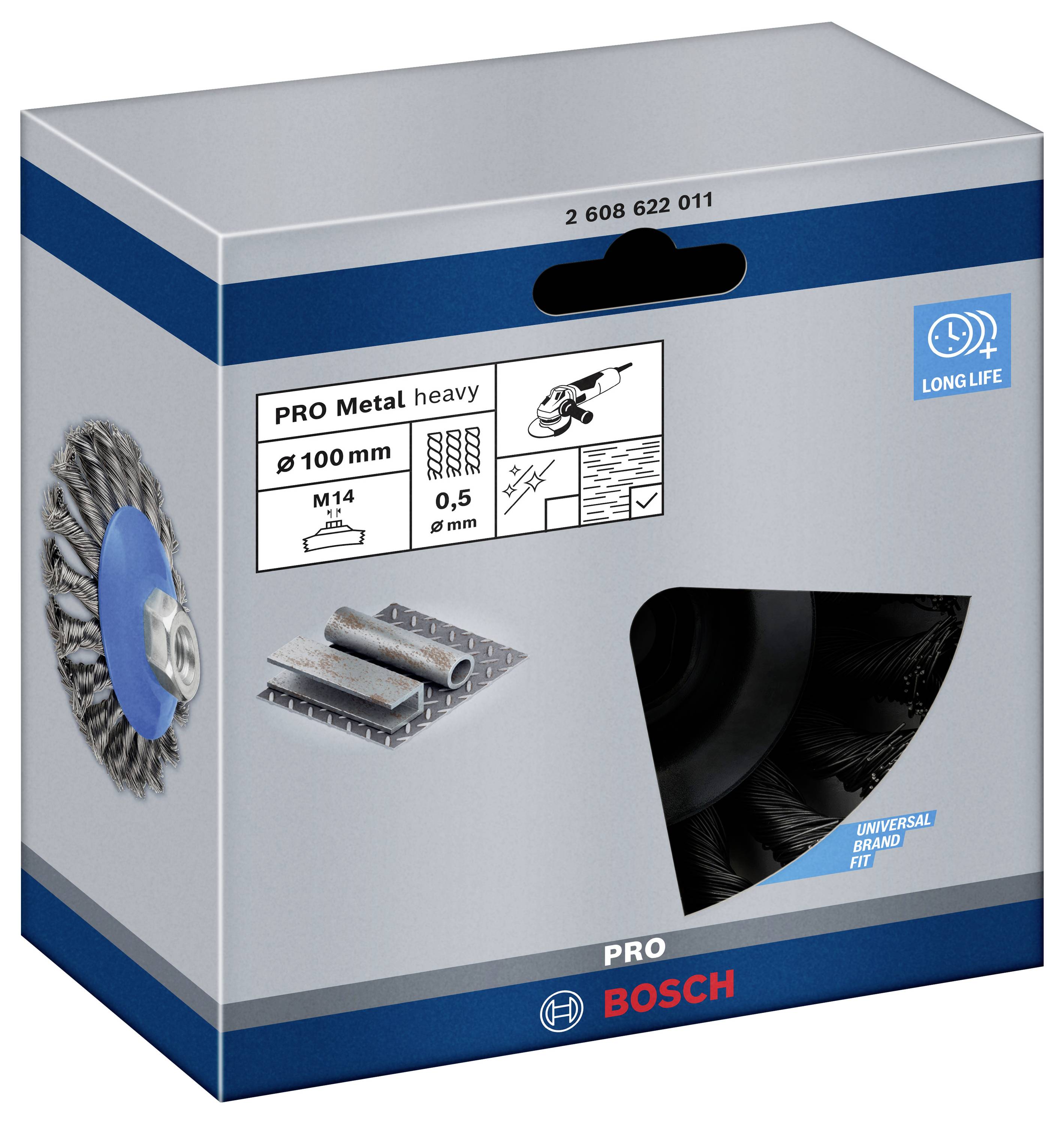 'Bosch PRO Metal heavy'. Brosse métallique pour ponçage de métaux, 100 mm, M14. L'emballage montre l'application et les détails du produit pour la durabilité.