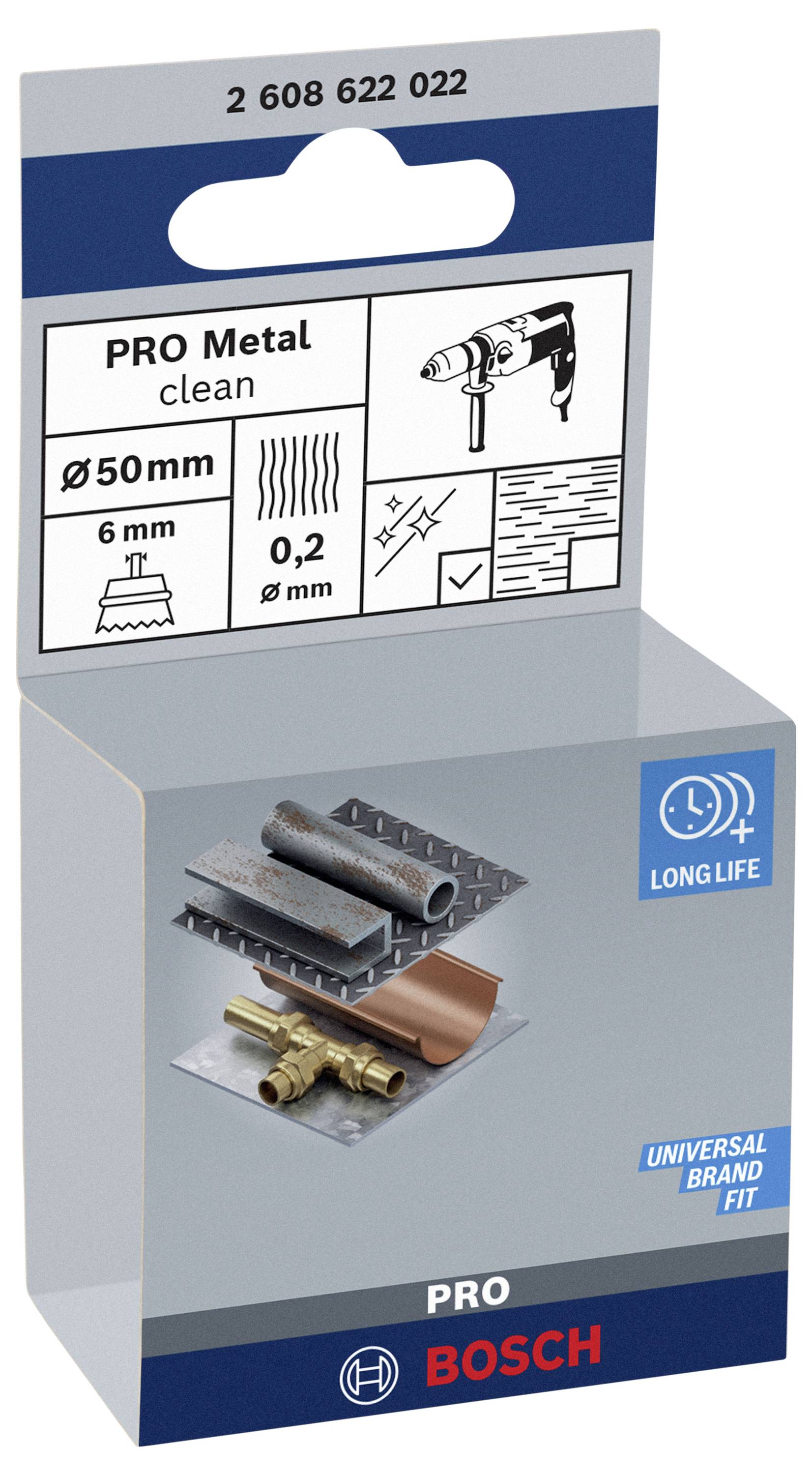 Emballage d'accessoires d'outils Bosch 'PRO Metal' ; affiche des symboles de compatibilité des matériaux (métal, cuivre) et les spécifications du produit (Ø50mm, 6mm, 0,2mm).