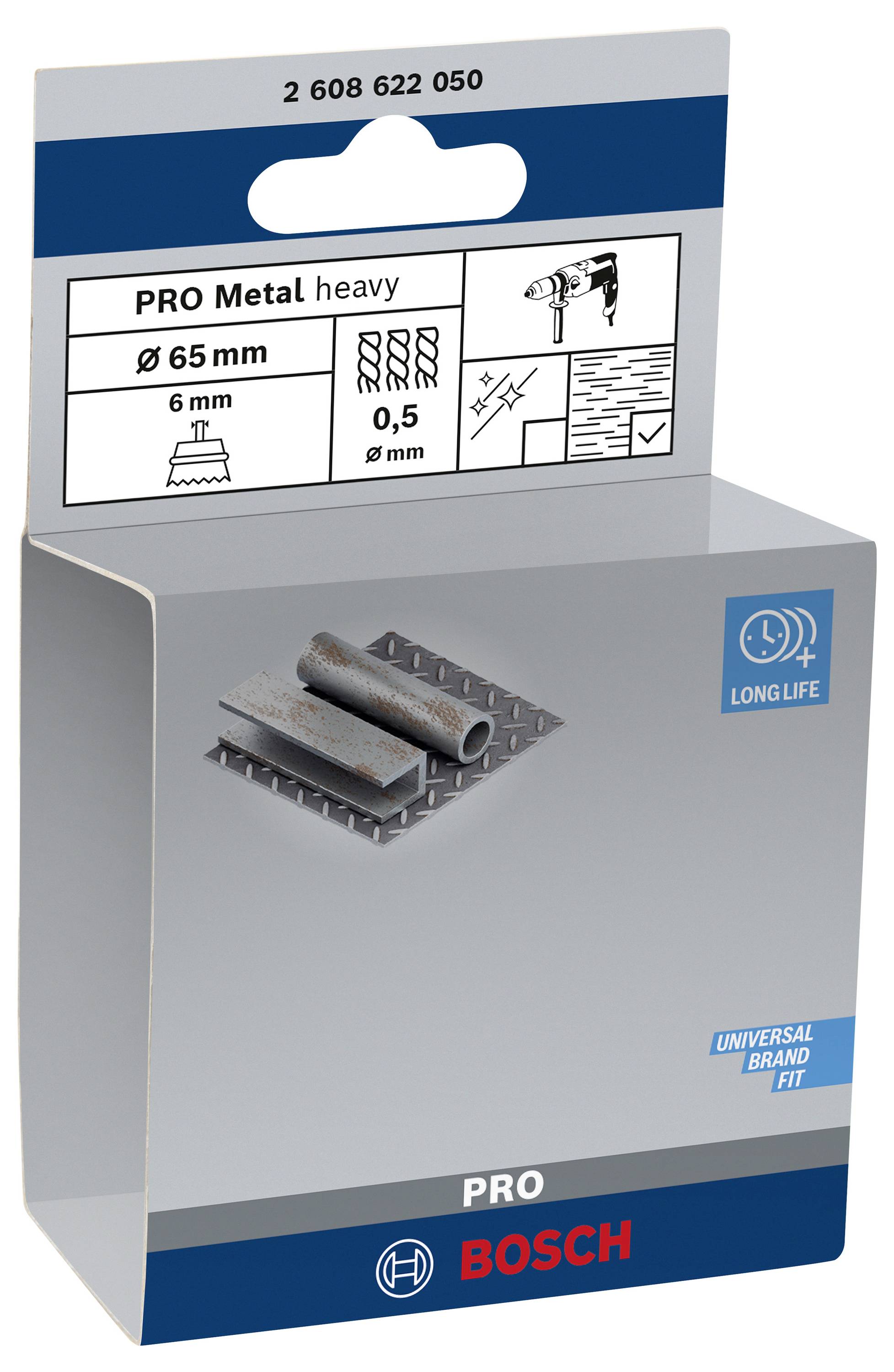 Emballage d'un pack de lames de scie Bosch PRO Metal heavy. Contient les spécifications : 65 mm de profondeur de coupe, 0,5 mm d'épaisseur. Adapté pour le métal.