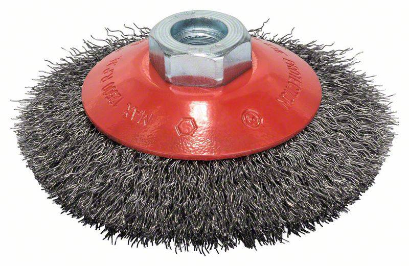 Brosse métallique ronde avec des poils en métal et base rouge. Adaptée pour le nettoyage de surfaces.