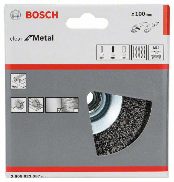 Brosse de ponçage Bosch pour métal, diamètre 100 mm, épaisseur de fil 0,3 mm, adaptée aux meuleuses d'angle avec filetage M14.