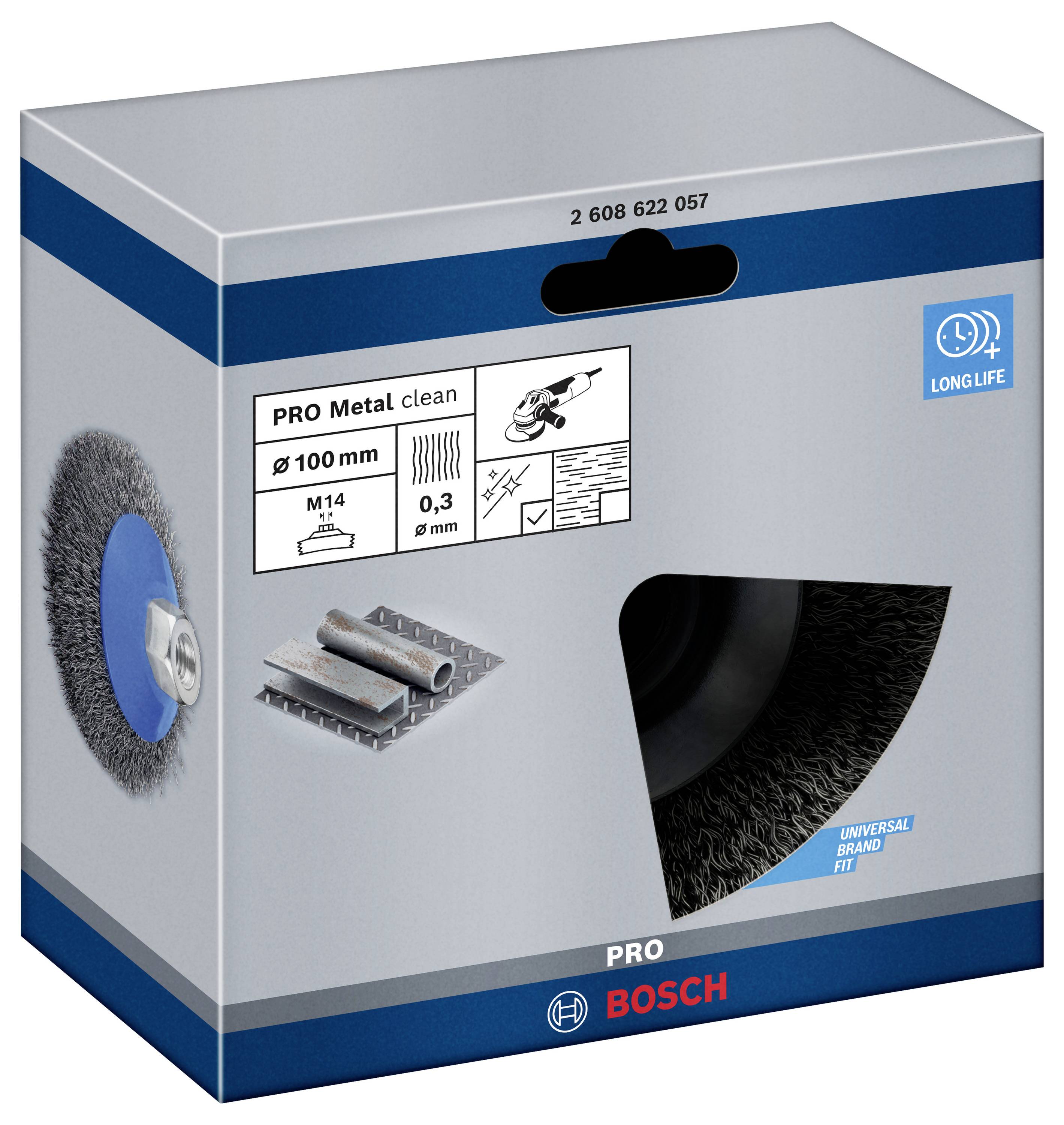 Emballage 'Bosch PRO Metal Clean' avec brosse métallique, adaptée pour le nettoyage des métaux. Diamètre 100 mm, raccord M14, épaisseur de fil 0,3 mm.