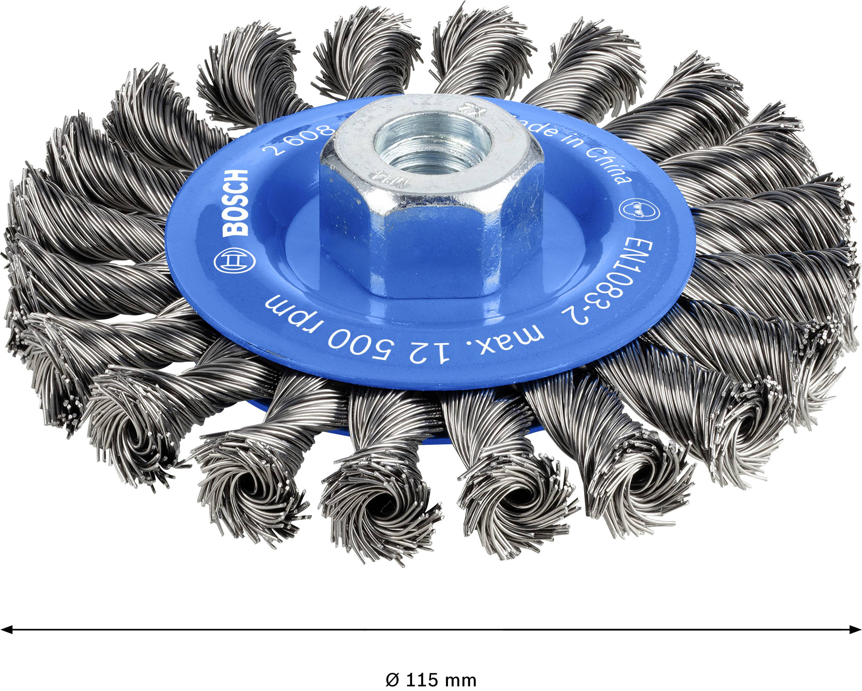 Brosse métallique en acier pour outils électriques, adaptée au nettoyage ou au dérouillage de surfaces métalliques, diamètre 115 mm.