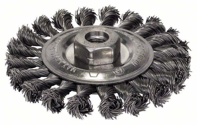 Un brosse métallique ronde avec des fils d'acier torsadés et une ouverture centrale pour la fixation sur des outils. Idéale pour nettoyer les surfaces métalliques.