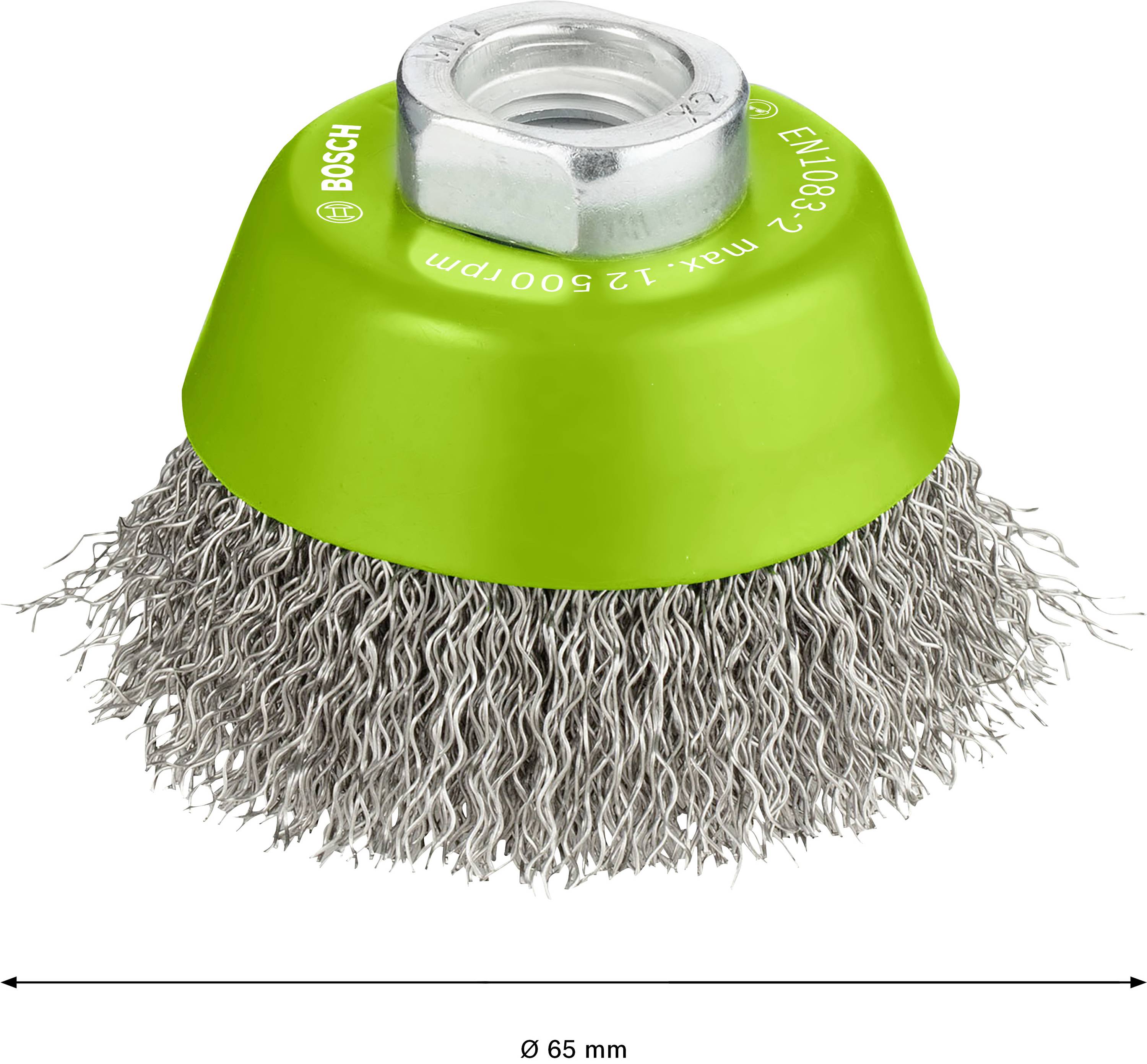 Brosse métallique avec boîtier en plastique vert, diamètre 65 mm, adaptée au nettoyage des surfaces métalliques.