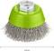 Brosse métallique avec boîtier en plastique vert, diamètre 65 mm, adaptée au nettoyage des surfaces métalliques.