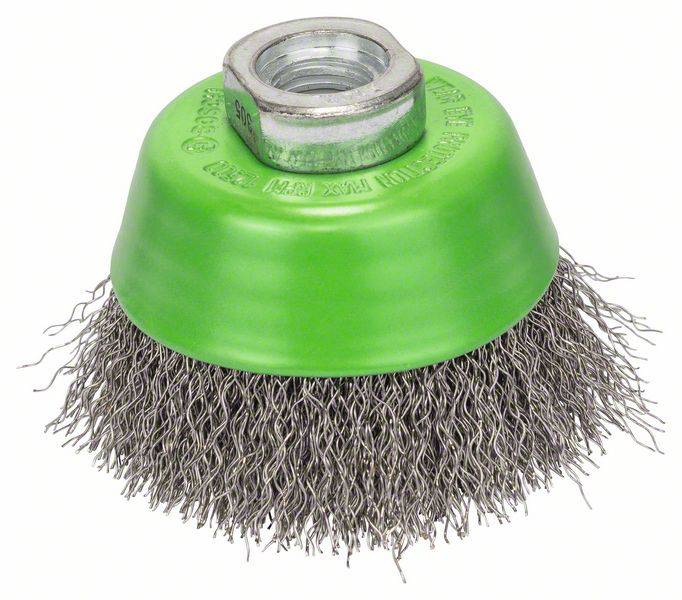 Brosse à récurer circulaire avec un boîtier vert et des poils métalliques, probablement utilisée pour le nettoyage ou le décapage de surfaces.