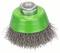 Brosse à récurer circulaire avec un boîtier vert et des poils métalliques, probablement utilisée pour le nettoyage ou le décapage de surfaces.