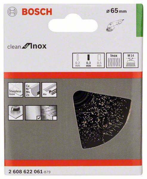 'Brosse métallique Bosch, Ø 65 mm, adaptée à l'acier inoxydable, meuleuse d'angle. Granulométrie : 0,3 mm. L'emballage présente les instructions d'utilisation.'