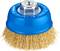 Brosse métallique avec capuchon en plastique bleu, adaptée pour meuleuse d'angle. Utilisée pour éliminer la rouille et la peinture sur les surfaces métalliques.
