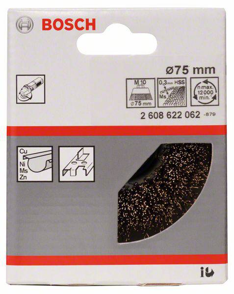 Emballage d'un adaptateur de disque à tronçonner Bosch, Ø 75 mm. Présente des symboles indiquant la compatibilité avec les outils et les matériaux.