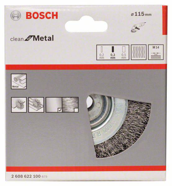 Emballage d'une brosse métallique Bosch pour le nettoyage des métaux, Ø 115 mm, filetage M14. Présente un exemple d'application, la compatibilité et l'épaisseur des fils.