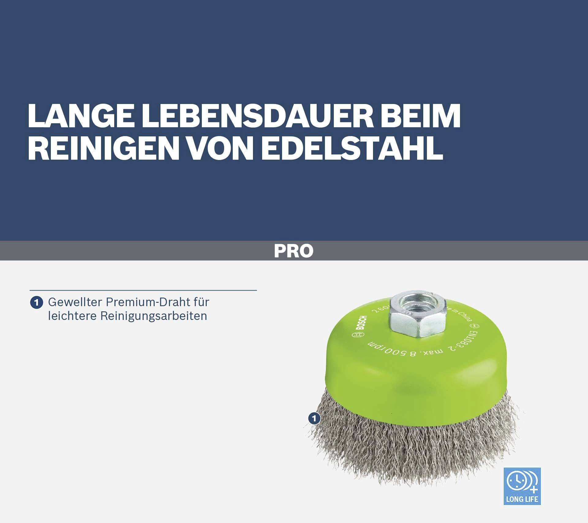 Brosse métallique circulaire avec boîtier vert, adaptée pour le nettoyage de l'acier inoxydable. Texte : Longue durée de vie lors du nettoyage de l'acier inoxydable.
