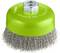 Brosse métallique ronde avec tête en plastique vert et poils métalliques, adaptée au nettoyage et au décapage de rouille ou de peinture.