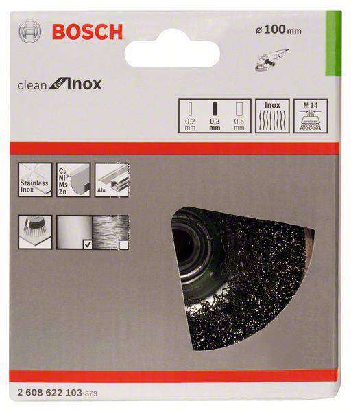 Une brosse de nettoyage Bosch en acier inoxydable pour meuleuse d'angle, 100 mm, idéale pour l'acier inoxydable, le cuivre et l'aluminium avec filetage M14.