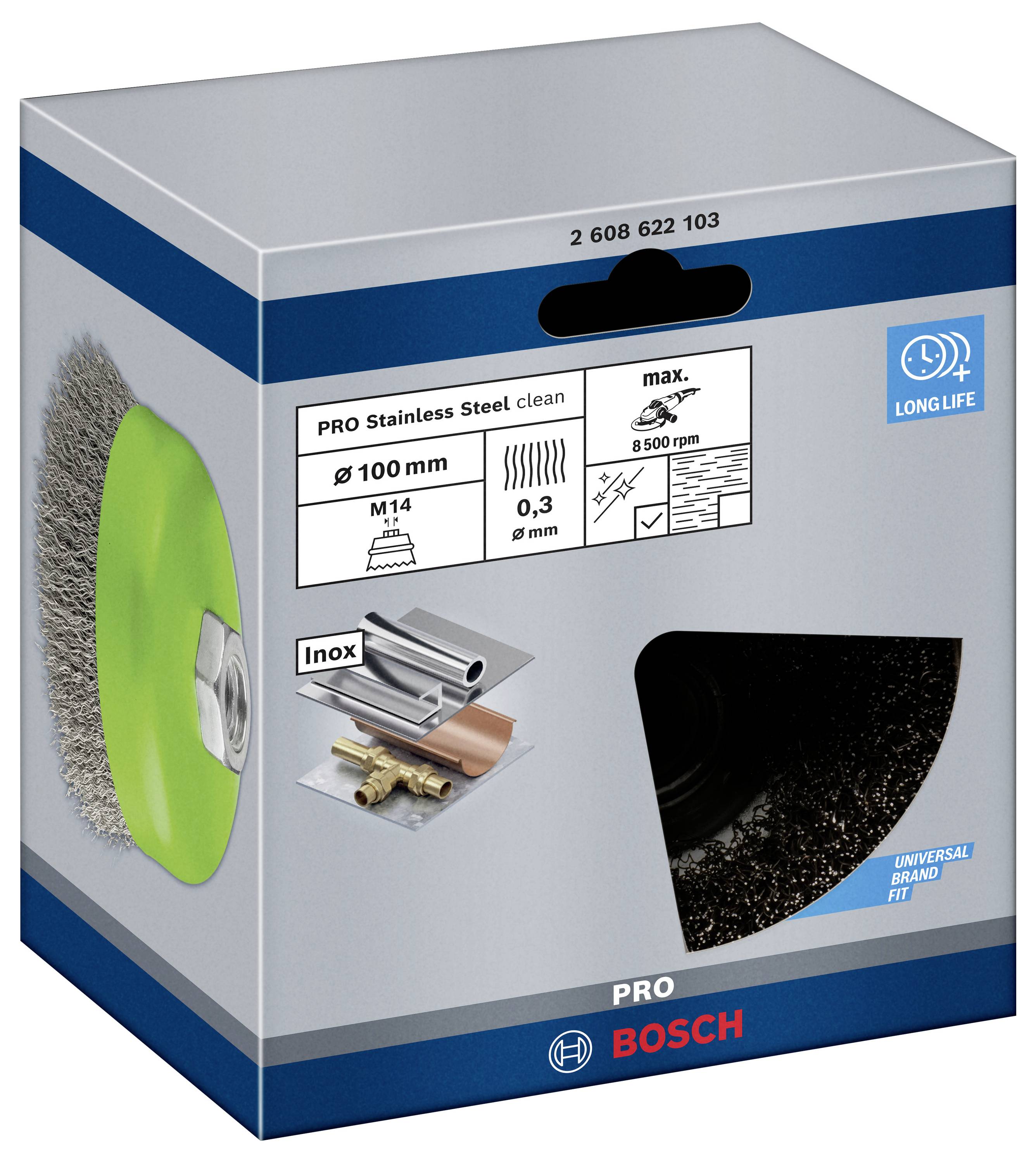 Un emballage pour une brosse de nettoyage en acier inoxydable de Bosch. Affiche les spécifications du produit, comme la taille (100 mm), le filetage (M14) et la vitesse max. (8500 tr/min). Convient pour l'inox.