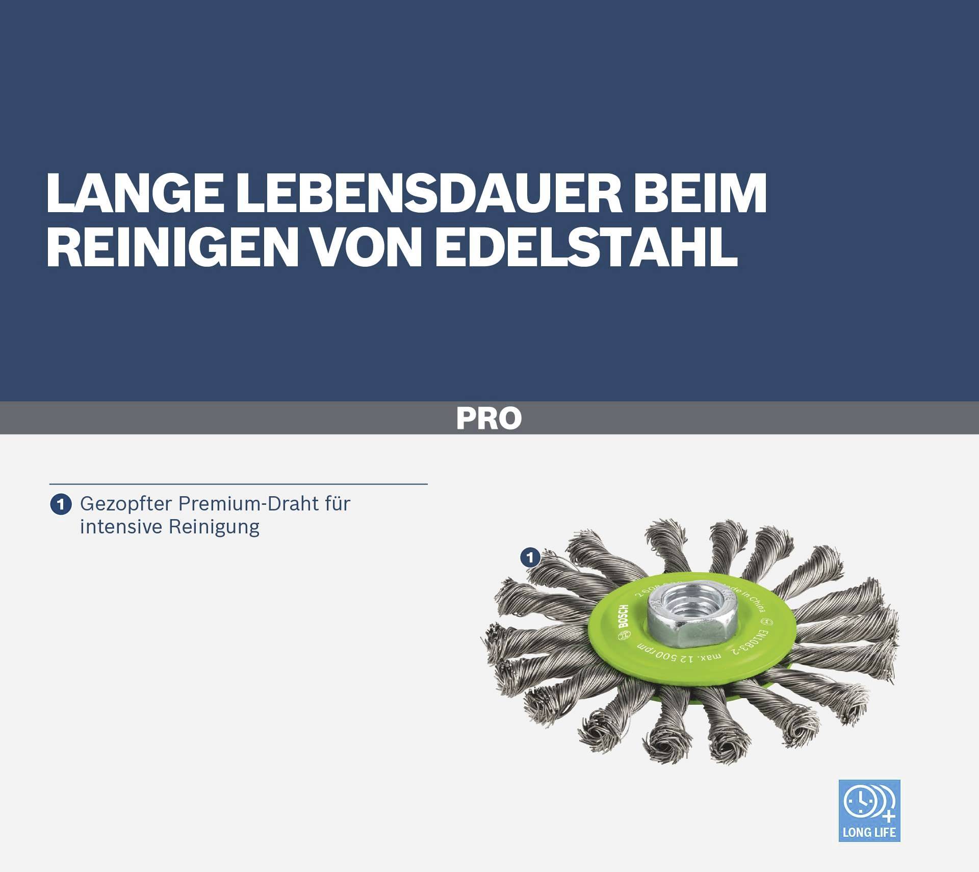"Fil premium ondulé pour un nettoyage intensif de l'acier inoxydable." En dessous, une brosse métallique circulaire est illustrée.