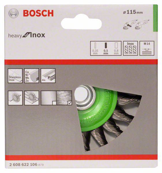 Emballage d'un disque à ébarber en acier inoxydable Bosch. Indique la compatibilité des matériaux (acier, cuivre, aluminium) et les dimensions (115 mm, 0,5 mm).