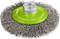 Embout de brosse métallique avec centre vert et filetage à vis argenté. Adapté pour les travaux de nettoyage et de ponçage.