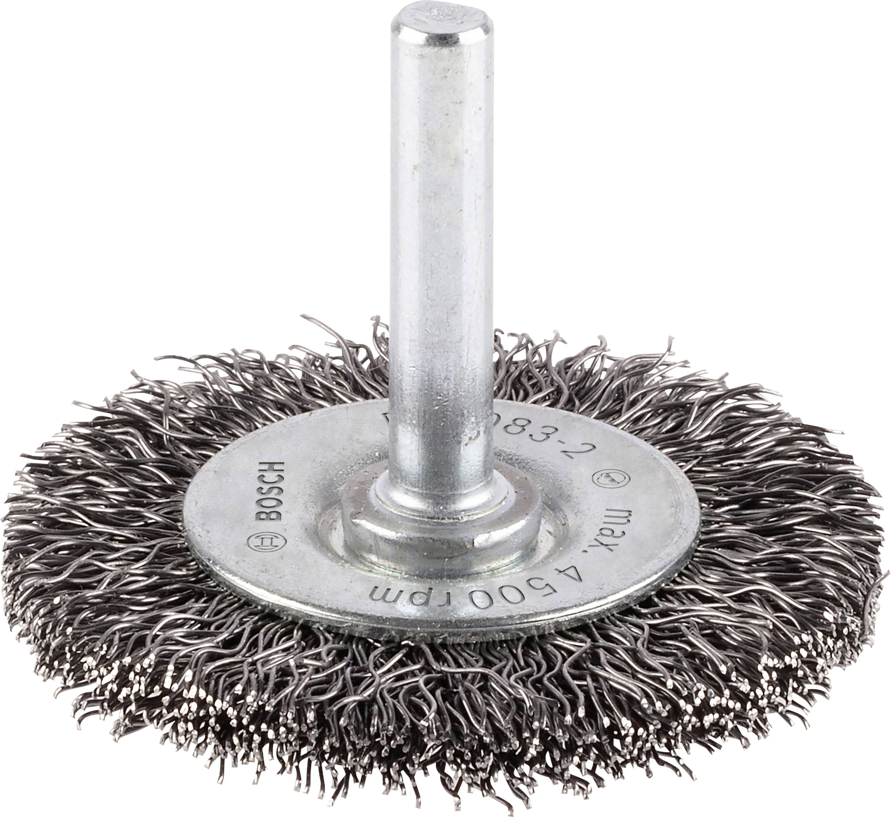 Brosse métallique avec manche en métal, poils disposés radialement, adaptée aux perceuses, pour éliminer la rouille et nettoyer les surfaces.