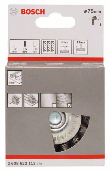 Brosse métallique Bosch pour métal, diamètre 75 mm. Adaptée aux perceuses avec mandrin de 6 mm, poils de 0,5 mm.