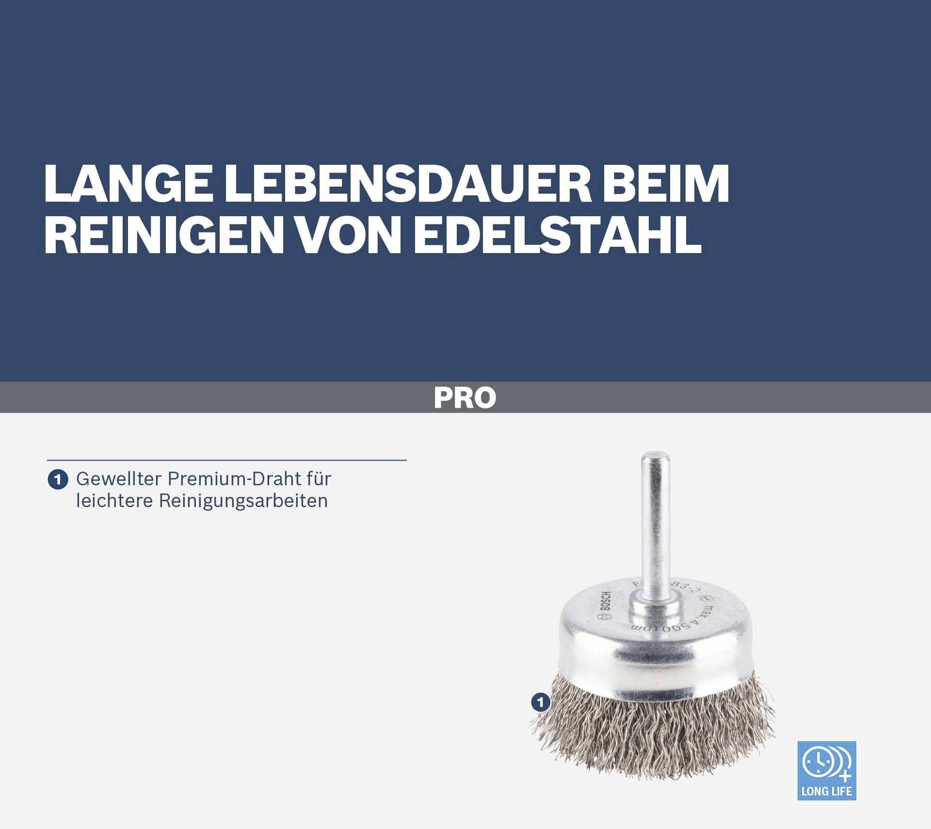 Embout de brosse métallique ondulé pour aciers inoxydables, idéal pour des travaux de nettoyage délicats. Texte en haut : 'Longue durée de vie lors du nettoyage de l'acier inoxydable'.