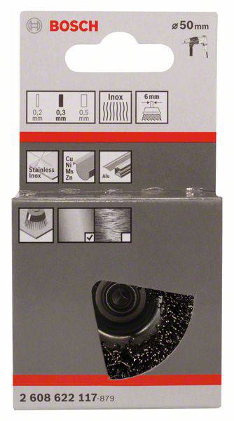 'Boîte avec logo Bosch contenant une lame de scie circulaire pour acier inoxydable, aluminium et autres métaux ; diamètre 50 mm, profondeur de coupe 0,3 mm.'