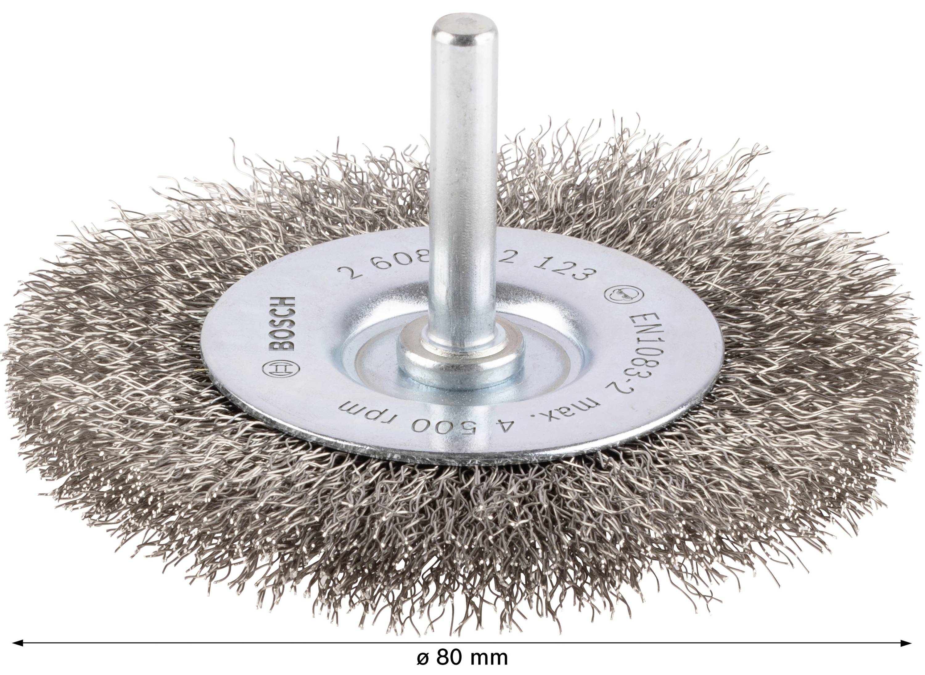 Brosse métallique à monter avec soies en métal, adaptée aux perceuses. Diamètre 80 mm.