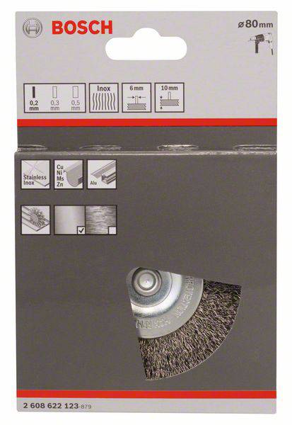 Emballage d'une brosse métallique Bosch, adaptée à l'Inox, de 80 mm de diamètre. Présente des instructions d'utilisation pour différents matériaux.