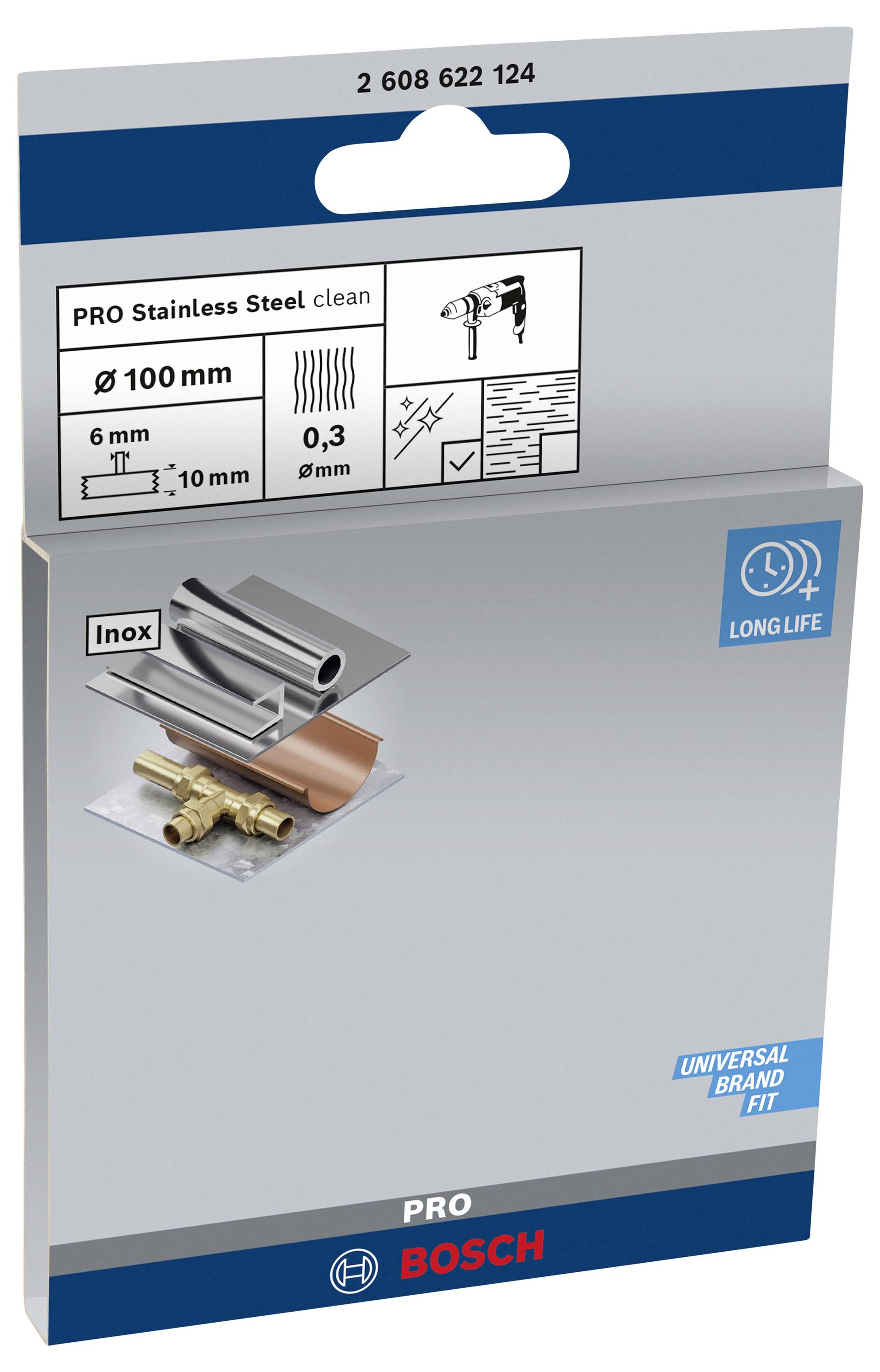 L'emballage indique des disques abrasifs 'PRO Stainless Steel clean'. Adaptés pour l'acier inoxydable. Taille : 100 mm, épaisseur : 0,3 mm. Marque : Bosch.