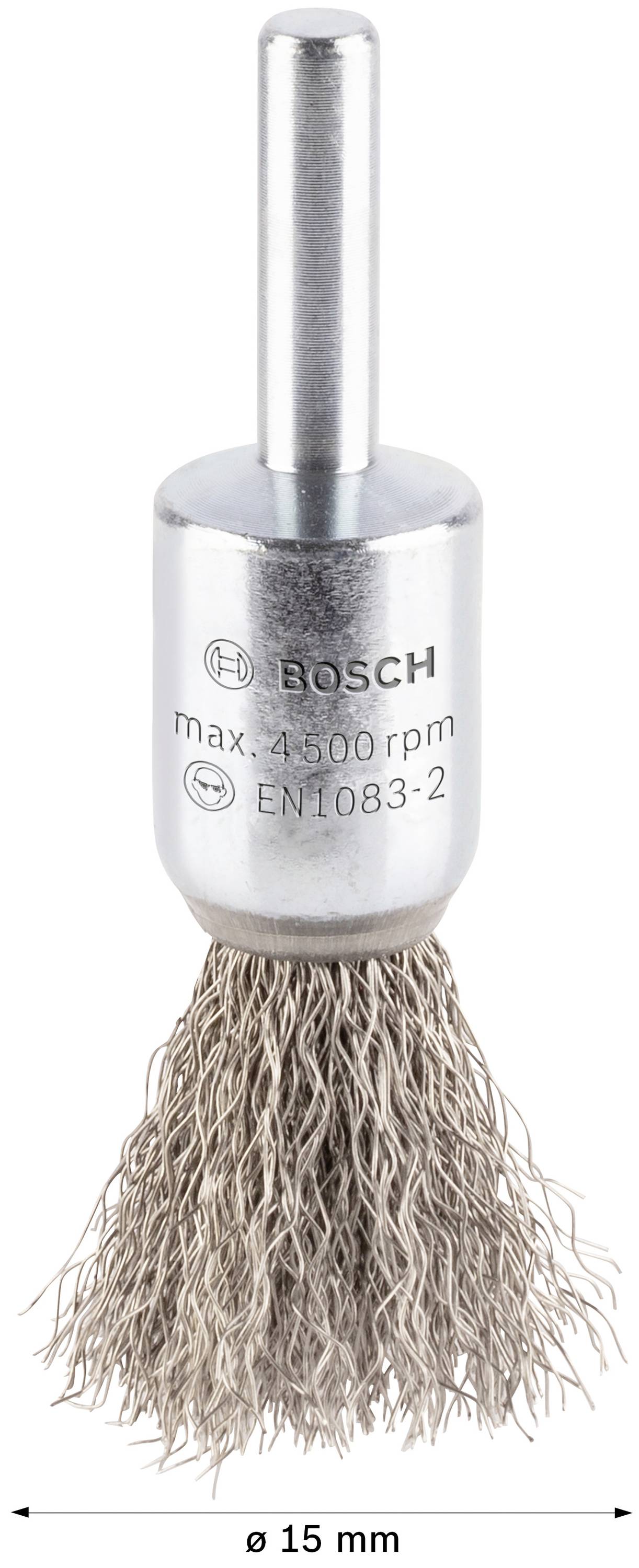 Brosse métallique avec soies en métal et tige cylindrique, texte sur la brosse : 'max. 4500 tr/min, EN1083-2', diamètre : 15 mm.