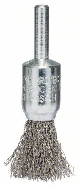 Embout de brosse métallique pour perceuse, cylindrique avec poils de fil métallique et inscription. Utilisé pour le nettoyage ou l'ébavurage.