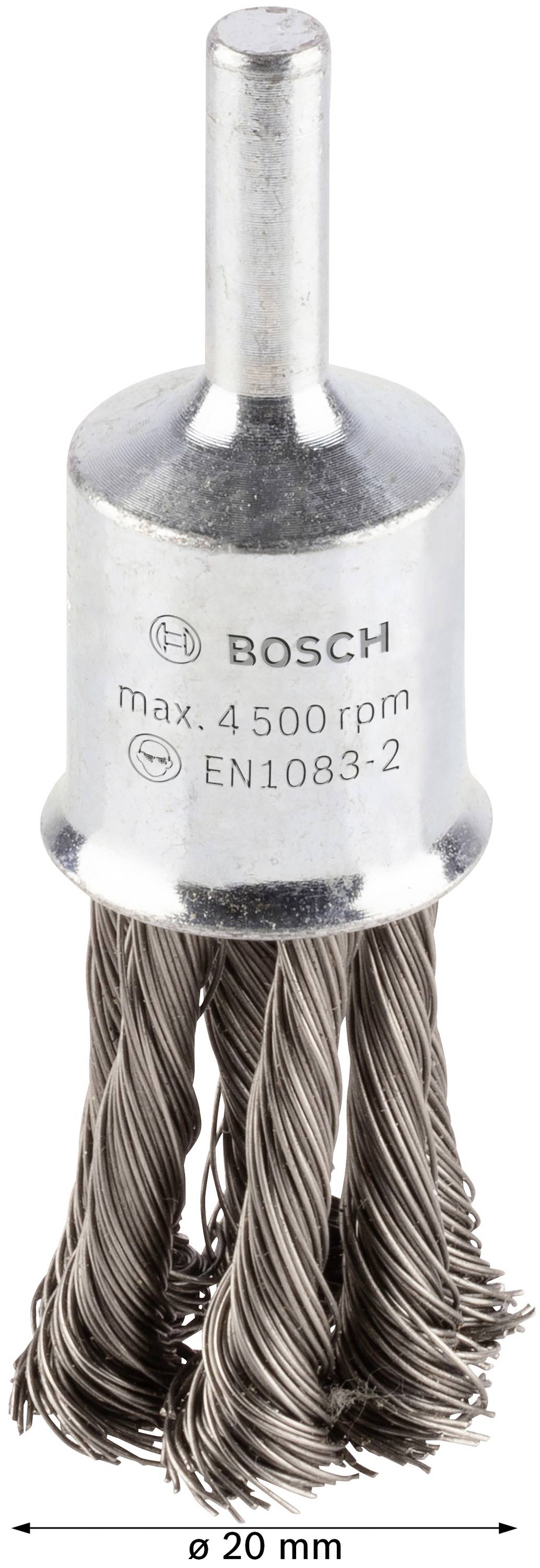 Brosse boisseau en fil d'acier, adaptée aux perceuses. Texte de marque 'BOSCH', maximum 4500 tr/min, diamètre 20 mm.