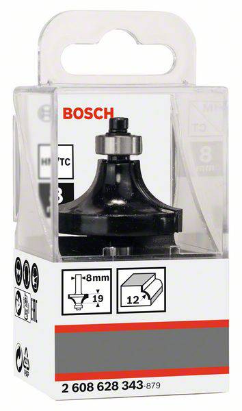 Fraise Bosch avec tige de 8 mm pour le travail du bois. Illustre les informations produit et le schéma d'application sur l'emballage.