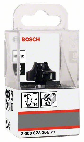Emballage d'une fraise Bosch avec le numéro de produit 2 608 628 355-879, adaptée pour l'usinage du bois. Contient les spécifications et les dimensions.