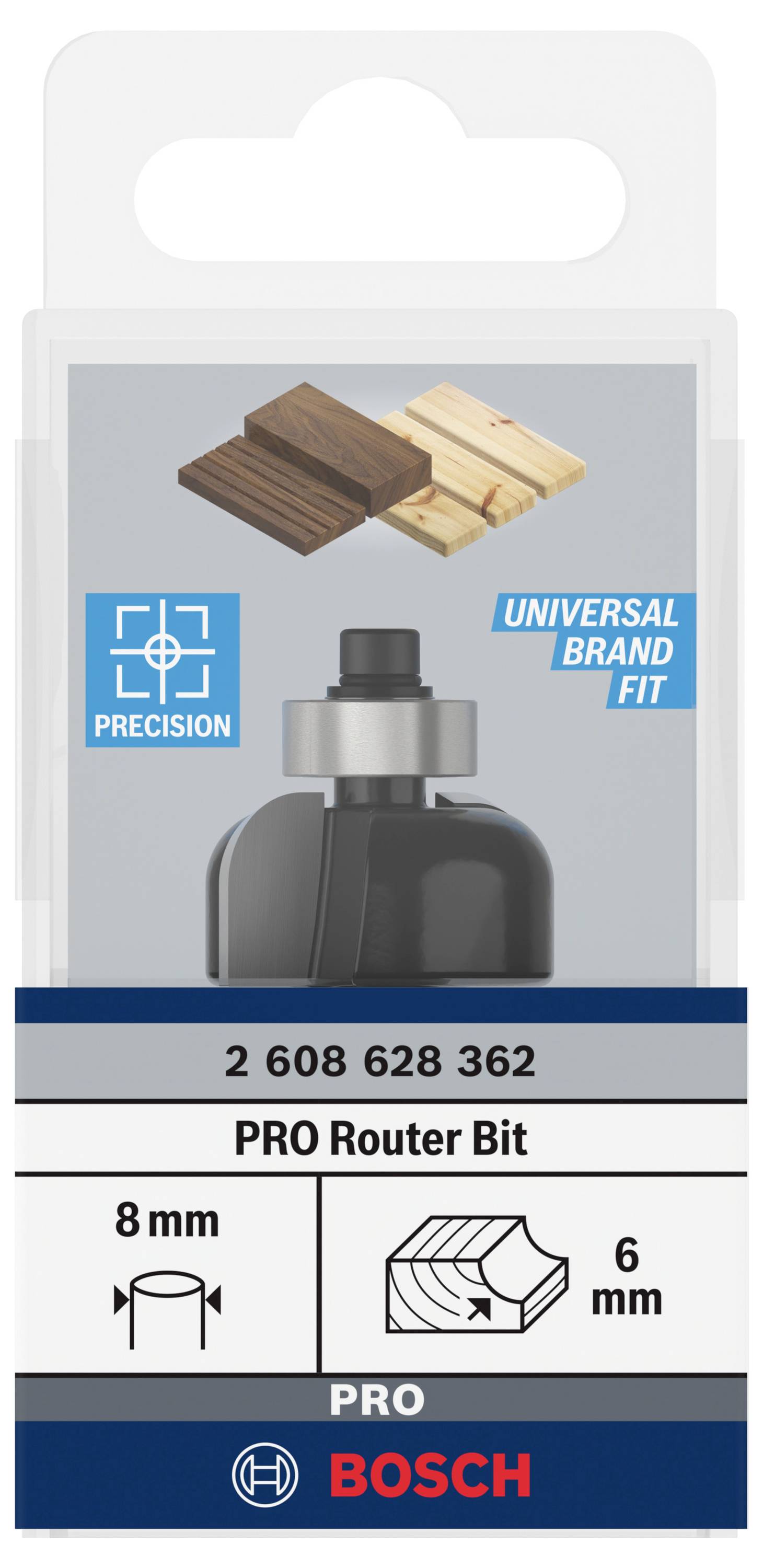 'Fraise Bosch PRO 8 mm', adaptée pour les travaux sur bois, avec avantage de précision et ajustement universel, représentation fidèle d'échantillons de bois.